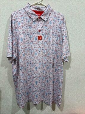 Bogey Bros Golf Men's Printed Polo Shirt in White with Red & Blue Accents